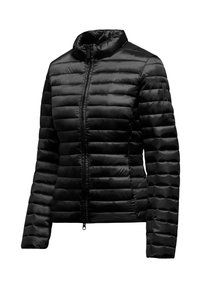 Giacca a vento nera con zip a tutta lunghezza, colletto alto e design trapuntato con cuciture orizzontali. Tessuto liscio e lucido.