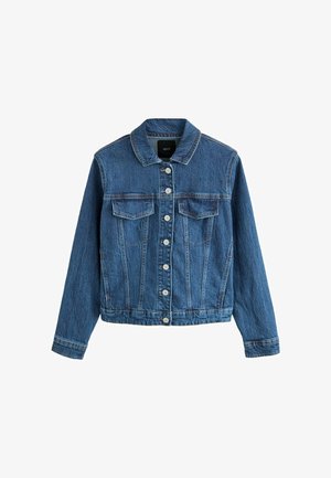 Mørkeblå denimjakke med knaplukning, to brystlommer, klassisk krave og lange ærmer. Strukturskabt materiale med synlige syninger.