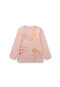 Langärmliges rosa T-Shirt aus Baumwolle, mit einem Pferdekopf und floralen Motiven in Orange- und Dunkelpinktönen.
