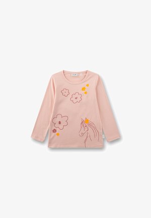 Langärmliges rosa T-Shirt aus Baumwolle, mit einem Pferdekopf und floralen Motiven in Orange- und Dunkelpinktönen.