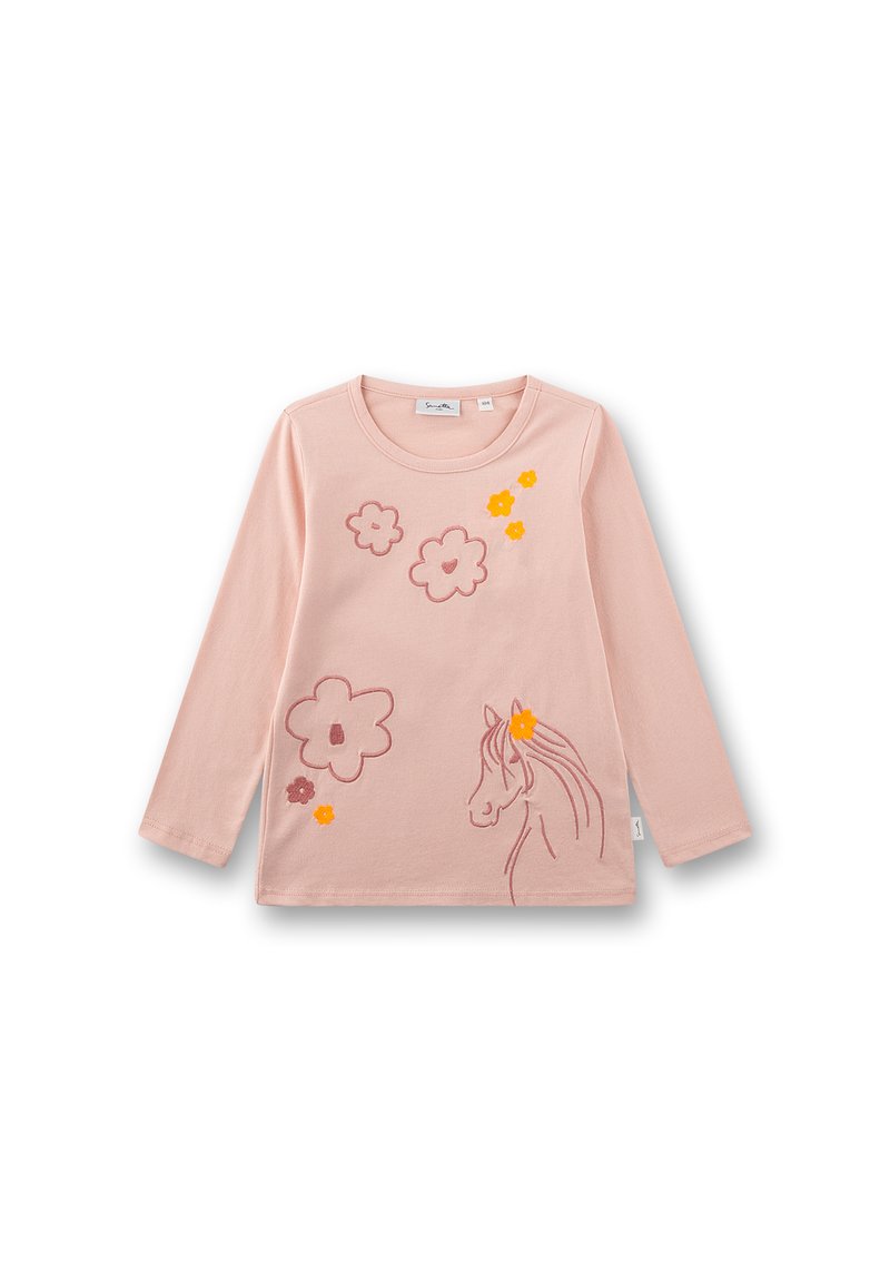Langärmliges rosa T-Shirt aus Baumwolle, mit einem Pferdekopf und floralen Motiven in Orange- und Dunkelpinktönen.