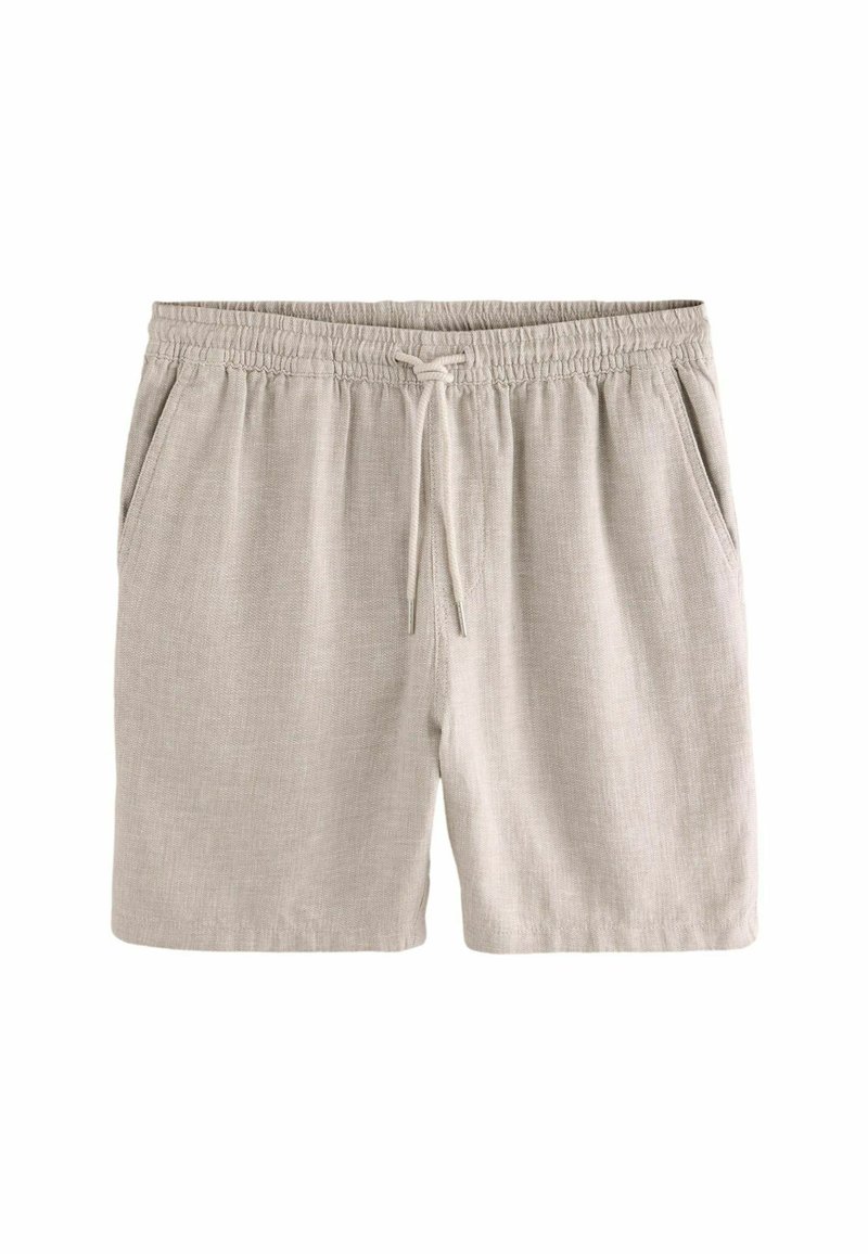 Pantalones cortos de lino color beige claro con cintura elástica, cordón de ajuste y bolsillos laterales, exhibidos sobre un fondo blanco.