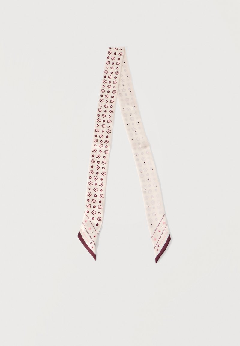 Μακρύ, στενό κρεμ κασκόλ με μικρά σχέδια λουλουδιών σε μπορντό και μπεζ χρώμα και μπορντό άκρα, απλωμένο επίπεδα σε λευκό φόντο.