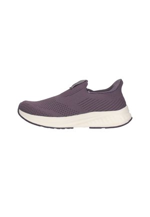 Lilla slip-on sneaker med åndbart strikstof og hvid polstret sål, designet til komfort og nem påtagning.
