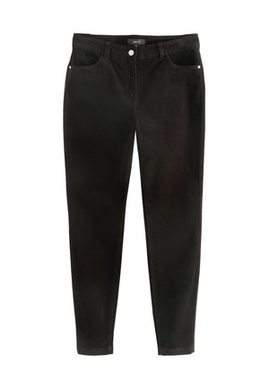 Czarne jeansy slim fit z przednim guzikiem i kieszeniami, szlufkami na pasek i zwężanymi nogawkami.