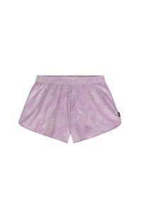 Lyslilla shorts med paisley-mønster, elastisk talje og to knapper. Materialet ser glat og letvægtigt ud.