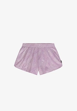 Shorts violet deschis cu un model paisley, talie elastică și două butoane. Materialul pare neted și ușor.