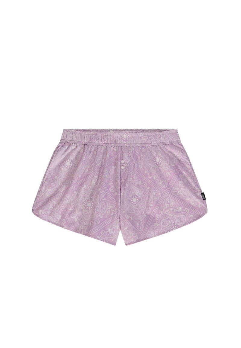 Lyslilla shorts med paisley-mønster, elastisk talje og to knapper. Materialet ser glat og letvægtigt ud.