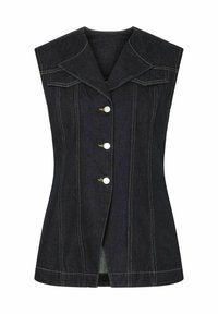 Mörk denim väst med en skarp krage, fem dekorativa knappar och vertikala sömnadsdetaljer. Designad med en figurnära silhuett och inga ärmar.