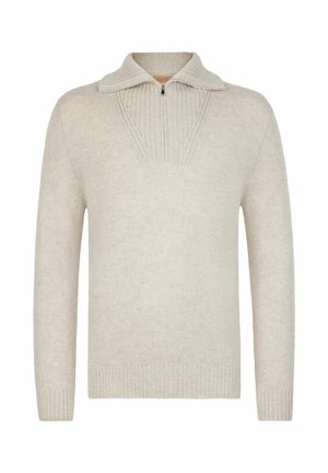 Lys beige sweater med ribbet krave og struktureret forreste panel. Lange ærmer samt ribbede manchetter og kant. Blød stoftekstur, afslappet design.