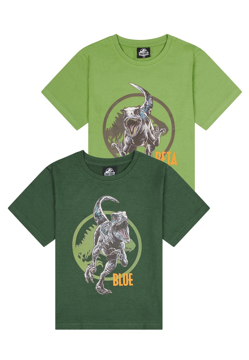 Dos camisetas de manga corta de algodón, una en verde y otra en verde oscuro. Cada una presenta un gráfico de dinosaurio con los nombres "Beta" y "Blue" en color naranja.