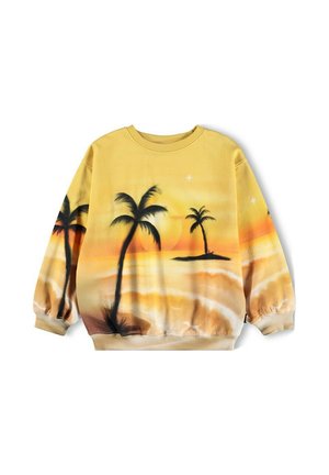 Sweatshirt jaune avec une scène de plage au coucher de soleil et des palmiers. Le tissu a l'air doux, avec des poignets élastiques et un col côtelé.