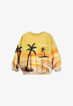 Gelbes Sweatshirt mit einer Sonnenuntergang-Strandszene und Palmen. Der Stoff sieht weich aus, mit elastischen Bündchen und einem gerippten Kragen.