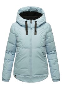Light blue puffer jacket with a hood, zip closure, elastic cuffs, and front pockets. Material appears shiny, with a soft black lining.