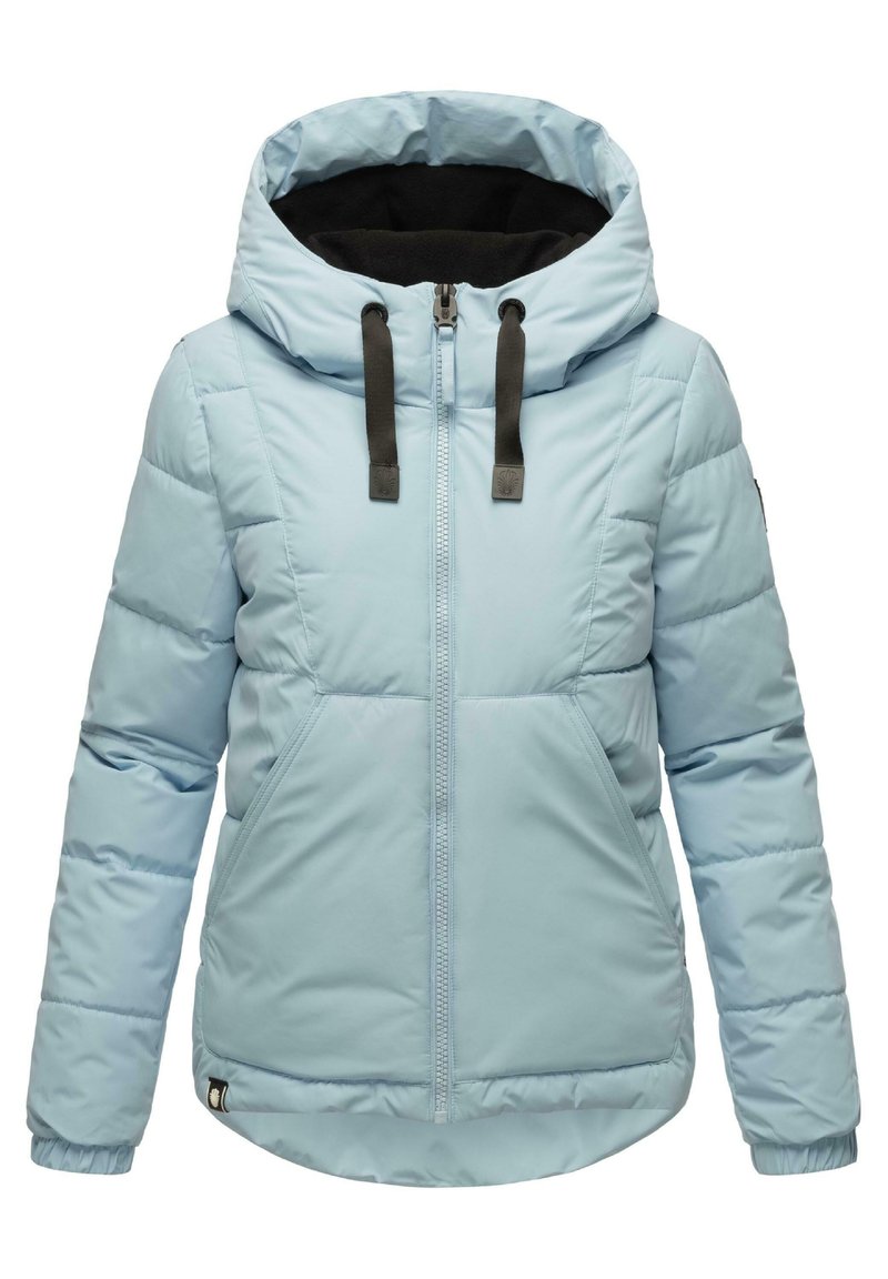 Light blue puffer jacket with a hood, zip closure, elastic cuffs, and front pockets. Material appears shiny, with a soft black lining.