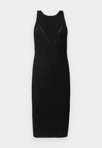 Μαύρο εφαρμοστό φόρεμα χωρίς μανίκια με ριγωτή υφή, που διαθέτει δύο γωνιώδεις ανοίγματα στο στήθος και μήκος μέχρι το γόνατο.