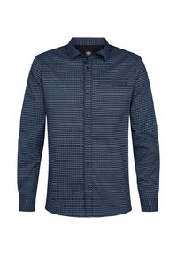 Camicia blu navy a maniche lunghe con bottoni, con motivo geometrico, taschino sul petto e colletto standard, esposta su sfondo bianco.