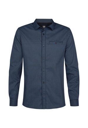Cămașă albastră închis cu mânecă lungă, cu model geometric, buzunar pe piept și guler standard, expusă pe un fundal alb.
