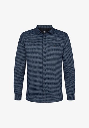 Camicia blu navy a maniche lunghe con bottoni, con motivo geometrico, taschino sul petto e colletto standard, esposta su sfondo bianco.