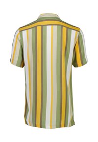 Camisa de manga corta con rayas verticales en amarillo, verde y blanco. Tejido ligero con cuello y dobladillo recto.
