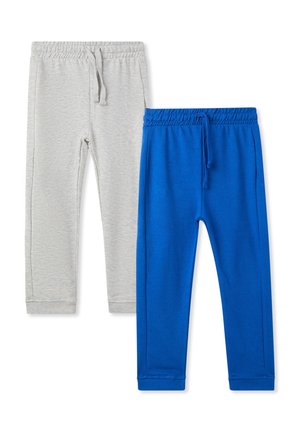 Due paia di pantaloni della tuta con vita elastica: uno grigio e uno blu. Entrambi presentano una texture morbida, polsini aderenti e cordini regolabili.