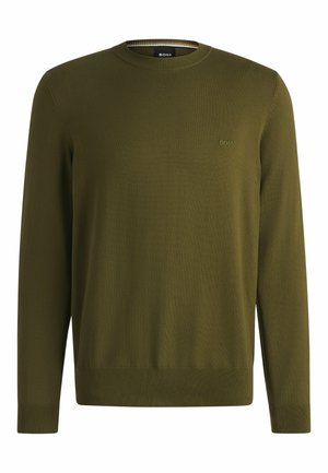 Olive green knit sweater with a round neckline, long sleeves, and ribbed cuffs. Features a subtle "BOSS" logo on the chest. Smooth texture.