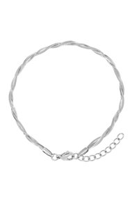 Bracciale d'argento intrecciato con finitura testurizzata, dotato di una chiusura e di una catena di estensione regolabile per adattarsi a diverse misure.