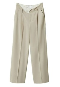 Pantalon beige taille haute à jambes larges avec plis devant, poches latérales, passants de ceinture et taille partiellement ouverte révélant la doublure intérieure.