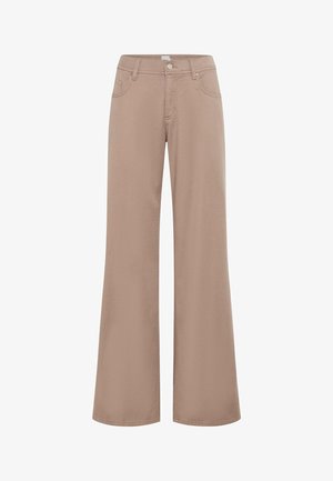 Pantalons larges en un tissu beige doux et subtil. Comprend cinq poches, une fermeture à bouton à l'avant et de subtils détails de couture le long des coutures.