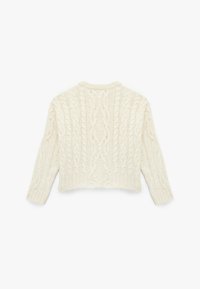 Cropped cremetofarvet sweater med kabelstrikdesign, der har lange ærmer og ribkant. Blød tekstur med synlige syninger.