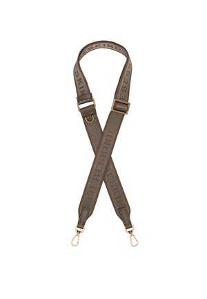 Regulowany brązowy pasek do torby z metalowymi zapięciami w złotym odcieniu i tłoczonym napisem "LIEBESKIND" na całej długości.