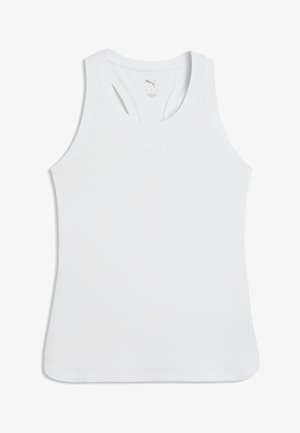 Biele športové tielko s výstrihom do U a dizajnom na preťahovanie na chrbte. Vyrobené z hladkej látky s priliehavým strihom a jemným logom značky.