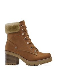 Stivaletto in suede color tan con colletto in pelliccia sintetica, lacci frontali e tacco a blocco spesso, progettato con una suola in gomma sagomata per una maggiore aderenza.