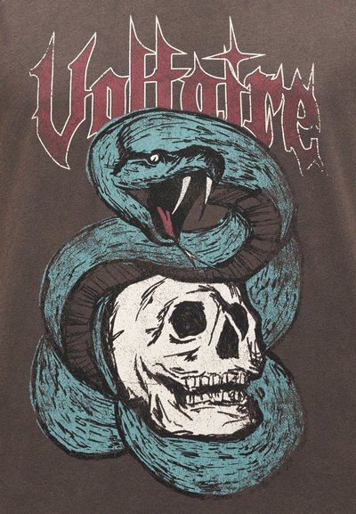 Μπλε φίδι τυλιγμένο σε σπείρα με εκτεθειμένα δόντια, τυλιγμένο γύρω από ένα λευκό κρανίο, με στιλιζαρισμένο κείμενο "Vultaine" από πάνω σε σκούρο φόντο.