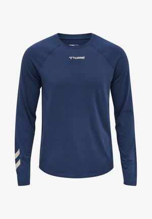 Námořnická dlouhý rukáv tričko z měkké látky s kulatým výstřihem, s bílým logem na hrudi a světle šedými proužky na rukávech.