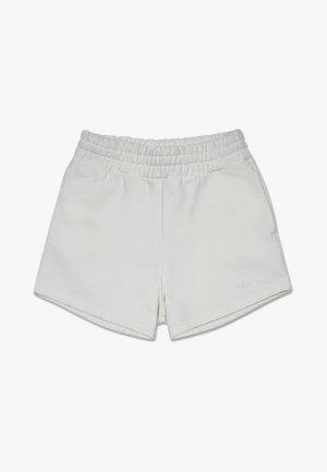 Bele hlače s elastiko v pasu, izdelane iz mehkega, teksturiranega blaga s preprostim dizajnom. Vsebujejo subtilen logotip blagovne znamke na spodnjem delu noge.