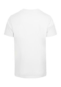 Hvid kortærmet T-shirt, lavet af bomuld, har rund hals og en lige kant. Glat struktur, ingen grafik eller yderligere detaljer.