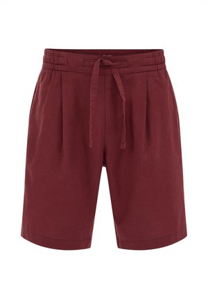 Pantalones cortos marrón granate hasta la rodilla con cinturilla elástica y cordón ajustable, con un corte relajado y pliegues delanteros.