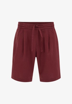 Pantalones cortos marrón granate hasta la rodilla con cinturilla elástica y cordón ajustable, con un corte relajado y pliegues delanteros.