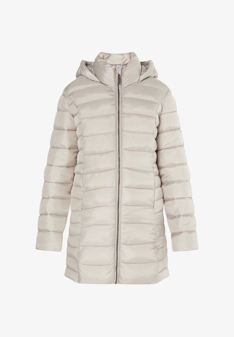 Letvægts, beige polstret jakke med hætte, der har en frontlynlås og horisontalt quiltet design, glat tekstur og elastiske manchetter.