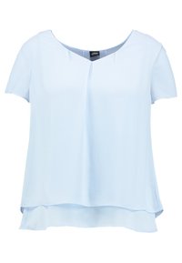 Light blue short-sleeve top with a loose fit, featuring a V-shaped neckline and layered hem detail. Smooth, lightweight fabric.