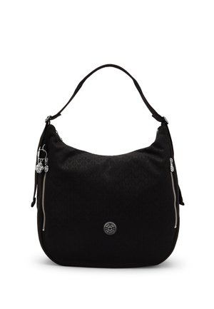 Borsa a spalla nera stile hobo con tracolla regolabile, due tasche verticali con cerniera argento e un emblema rotondo con logo al centro frontale.