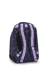 Lo zaino presenta un tessuto di un viola scuro con motivi floreali colorati e raggi di sole. Ha spallacci imbottiti e un pannello laterale in rete per la ventilazione.