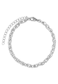 Bracciale in metallo argentato con anelli ovali intrecciati e chiusura a gancio. Presenta una catena di estensione regolabile per adattarsi meglio.