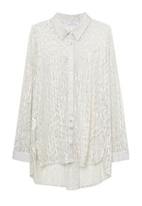 Wit shirt met lange mouwen, voorzien van knopen aan de voorkant, een kraag en een glinsterend paillettenpatroon, met een licht losse pasvorm en afgeronde zoom.