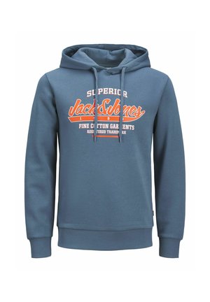 Hooded sweatshirt in blue cotton with a front graphic in orange. Features drawstrings, ribbed cuffs, and hem for a snug fit.