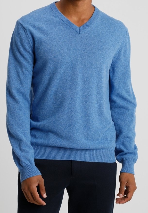 Man i en ljusblå V-ringad tröja och svarta byxor, stående mot en enkel ljus bakgrund.