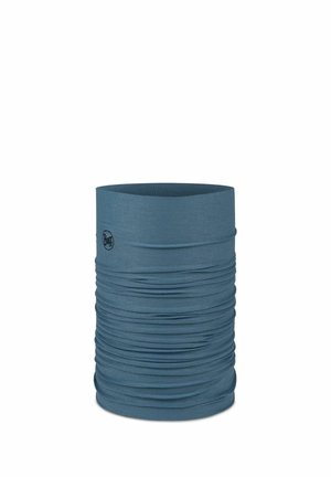 Seamless blue tubular neck gaiter with subtle texture and small black Buff logo on the side, designed for outdoor and sports use.