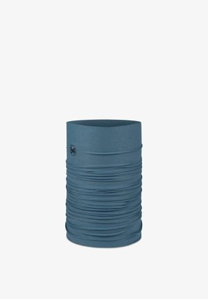 Nahtloser blauer tubulärer Nackenschlauch mit subtiler Struktur und kleinem schwarzem Buff-Logo an der Seite, für den Außen- und Sportbereich konzipiert.