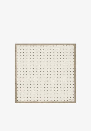 Fazzoletto quadrato color crema con piccoli puntini taupe uniformemente distribuiti e bordo taupe, con marchio "Boggi Milano" nell'angolo.